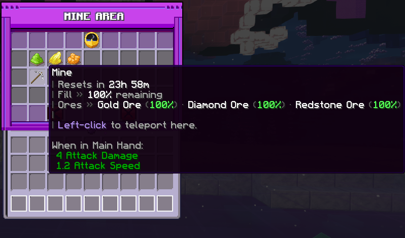 Mine area menu showing reset timer and ore levels