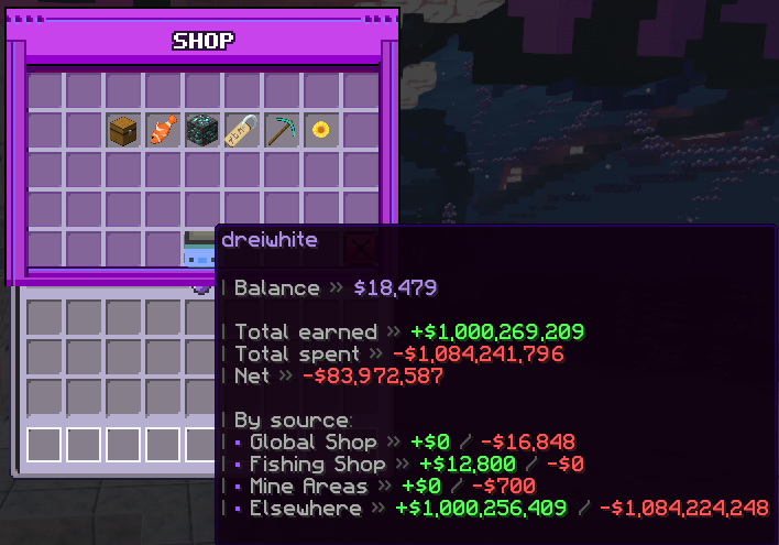 Shop menu with earnings and spending breakdown