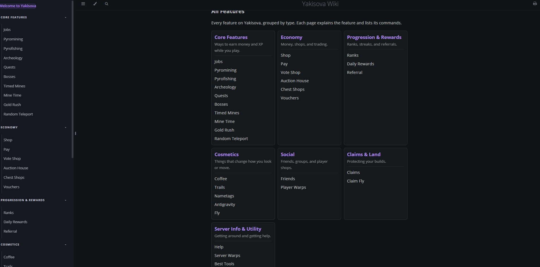 The Yakisova wiki feature index
